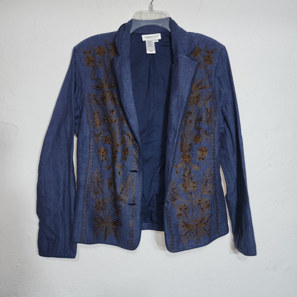 Coldwater Creek Blazer L Blue Bronze Embroidered Beaded Cotton Herringbone - Picture 2 of 13